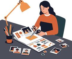 Creative woman working on design project with scissors in flat art vector