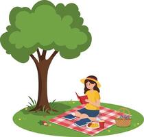 Woman reading book while enjoying picnic under tree in flat art vector