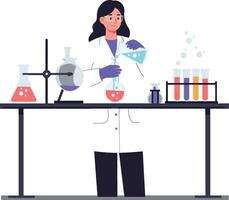Scientist in lab coat conducting experiments with colorful liquids flat art vector