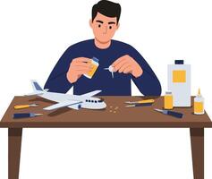 Model airplane construction process with tools in flat art vector