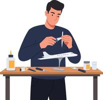 Person assembling model airplane with tools in flat illustration vector