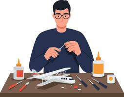 Model airplane construction process with tools in flat illustration vector