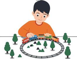 Child playing with a toy train set in a flat and colorful illustration vector