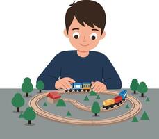 Child playing with colorful toy train set in flat art style vector