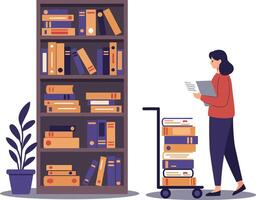 Librarian organizing books with cart in flat art style vector