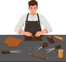 Craftsman working on leather wallet design in minimal art vector