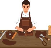 Craftsman working on leather project with tools in flat art vector