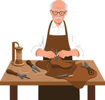 Skilled shoemaker working diligently at his table with tools in flat art vector