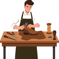 Craftsman working on leather shoe with tools in minimal flat illustration vector
