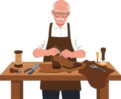 Skilled leatherworker crafting with tools in minimal art vector