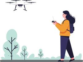 Drone pilot controlling a flying drone in a flat minimal illustration vector