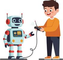 Robot interacting with child in flat, colorful, engaging art vector
