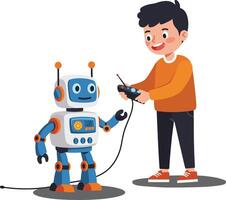 Child interacting with a cheerful robot in a playful flat illustration vector