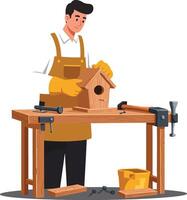 Carpenter crafting a birdhouse at a workbench in flat art vector