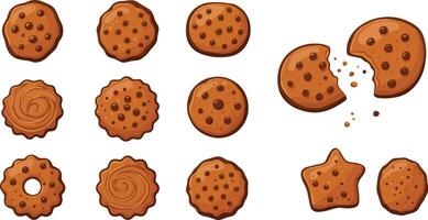 Various cookie designs including round, star, and broken shapes with chocolate chips vector