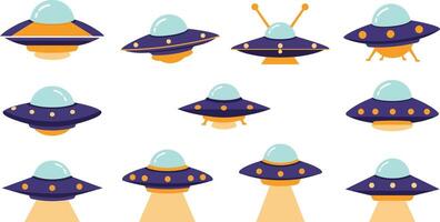 Various colorful and cartoonish UFO designs with distinct shapes and features vector