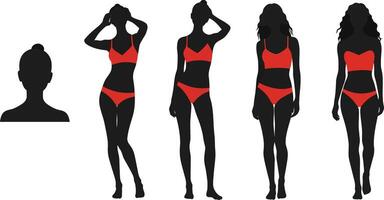 Transformation of figures showcasing different body shapes in swimwear with varied poses vector