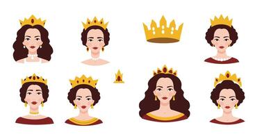 Illustrated sequence of queen characters displaying different styles and crowns in various expressions vector