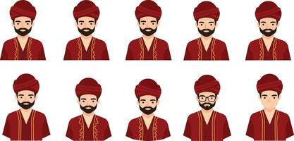 Series of animated characters displaying various facial expressions and attire changes vector