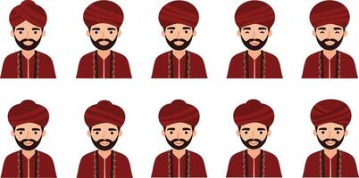 Group of animated men wearing traditional red turbans and outfits in a row vector