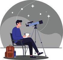 Young man observing stars with telescope while taking notes in the night sky vector