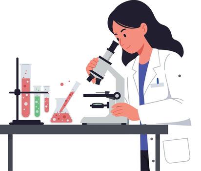 Scientist examining samples using a microscope in a laboratory setting with test tubes vector