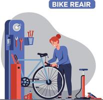 Woman repairing a bicycle in a modern workshop with tools and equipment visible vector