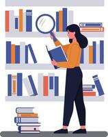 Woman examining book with magnifying glass in a library setting vector