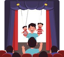 Child enjoying a puppet show performance with a smiling puppeteer and audience reactions vector