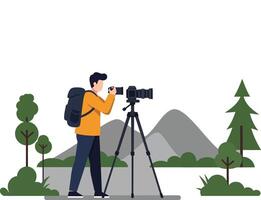 Photographer capturing scenic landscape with camera on tripod in natural setting vector