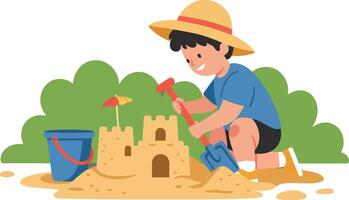Child building a sandcastle with tools on a sunny day at the beach vector