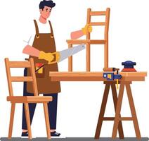 Man using saw to cut wooden chair in a workshop setting vector