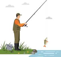 Fisherman casting line into water while catching a fish in nature scene vector