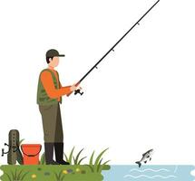 Fisherman casting line into water while waiting for fish to catch vector