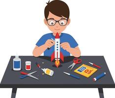 Young boy assembling a model rocket with various crafting tools on a table qdwasadx vector
