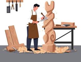Woodworker shaping intricate design on wooden sculpture in workshop setting vector