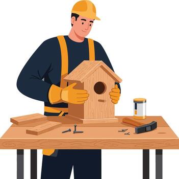 hombre montaje un de madera pajarera a un banco de trabajo con herramientas y materiales vector