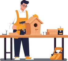 Man constructing a wooden birdhouse at a workshop table with tools vector