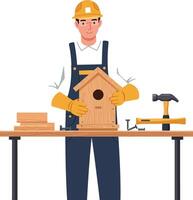 Skilled worker assembling a wooden birdhouse with tools on a table vector