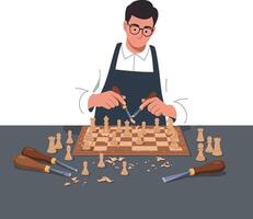 Man meticulously carving chess pieces while focused on the wooden chessboard in workshop vector