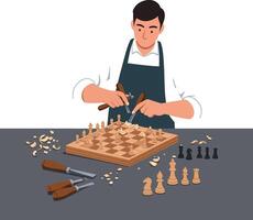 Craftsman skillfully carving chess pieces while focused on intricate details of the board vector