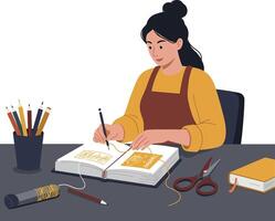 Woman crafting in a studio, writing in a notebook surrounded by art supplies vector