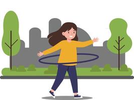 Young girl hula hooping in a park with trees and city skyline backdrop vector