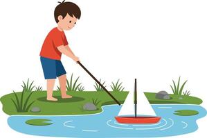Boy using a stick to guide a toy sailboat on a peaceful pond vector
