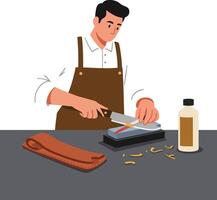 Man sharpening a knife on a stone with a leather strop and honing oil vector