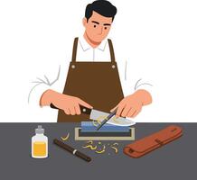 Man sharpening a knife on a whetstone in a kitchen setting vector