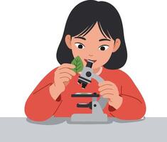 Young girl examining a leaf under a microscope with focused expression and curiosity vector
