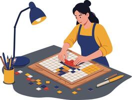 Woman creating a colorful mosaic artwork on a workspace table with tools vector