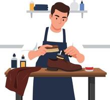 Man polishing brown leather shoes with brush and cream in workshop setting vector