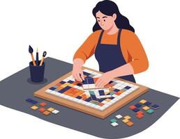 Woman creating a colorful mosaic art piece on a crafting table with tools vector